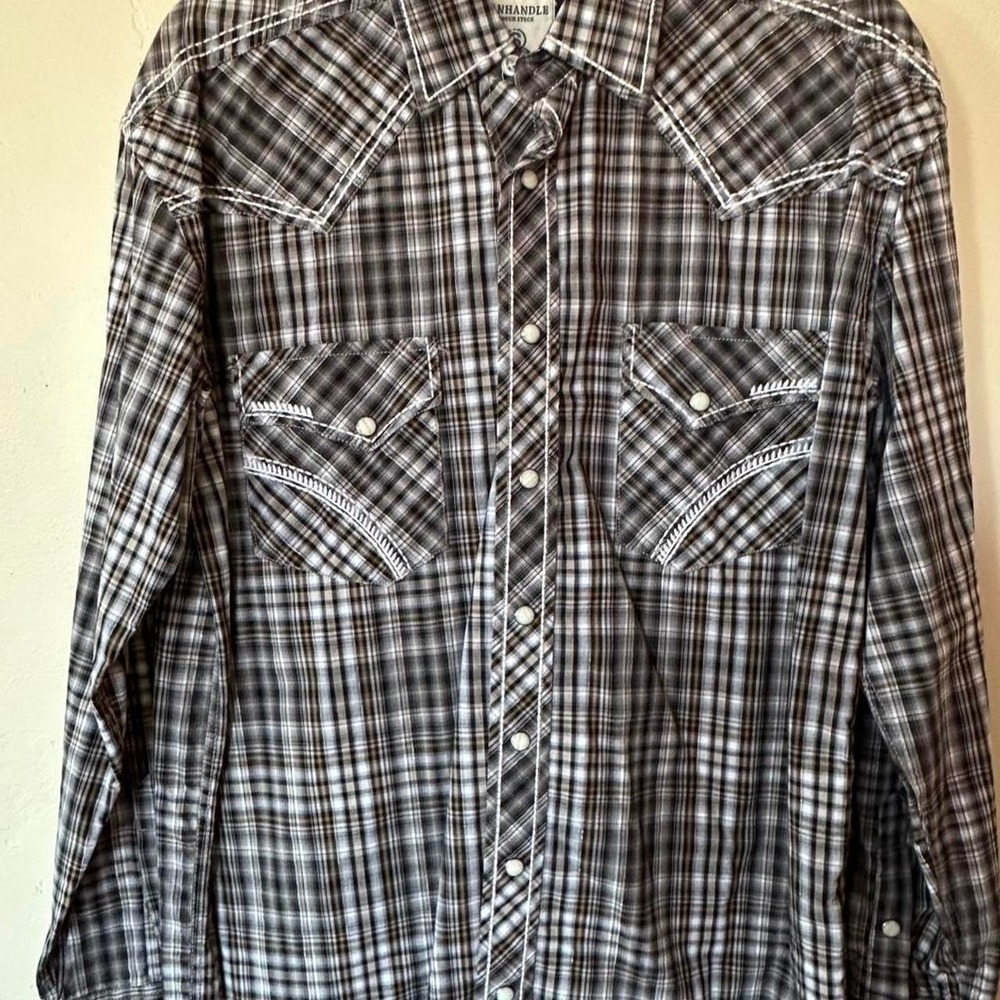 Panhandle Western snap blackand white plaid button-up shirt with white stitch